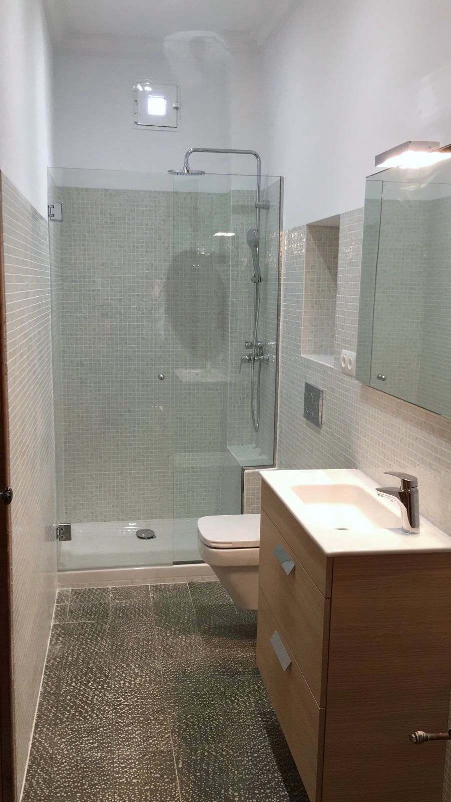 Baño estrecho con ducha al fondo cerrada por fijo de vidrio y puerta