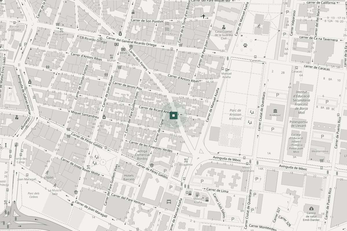 Plano de la zona de Foners, en Palma, con la ubicación de Cristalería Moll en la calle Foners 56
